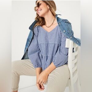Gap Women Boho Tiered Seersucker Top Size XXL Gingham Cottagecore Puff Sleeves